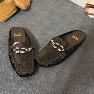 Stuart Weitzman Black Patent Leather Chain-Accent Slip-On Loafers